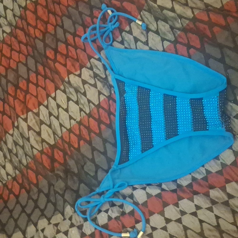 Victoria secret PINK Swimsuit Bottoms Teal blue black stripe Rhinestones Small